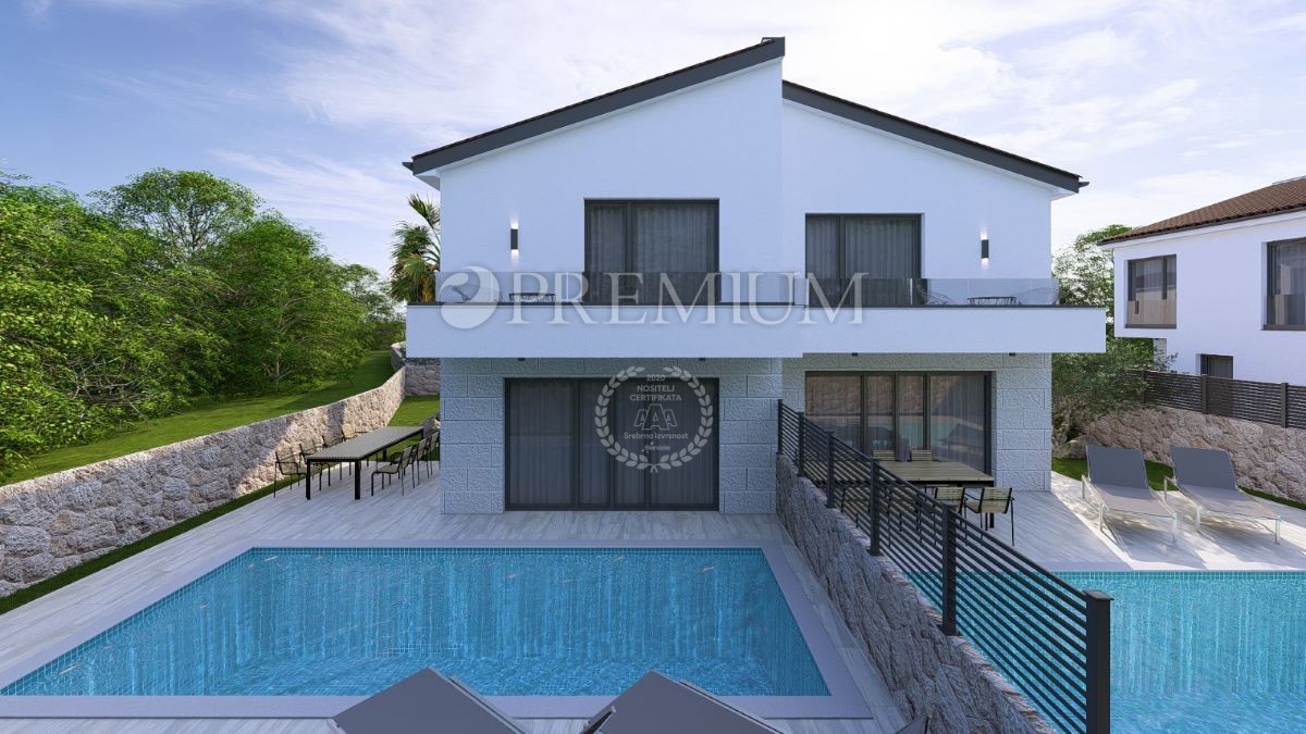 Malinska, nova hiša 100 m², s pogledom na morje in bazenom 