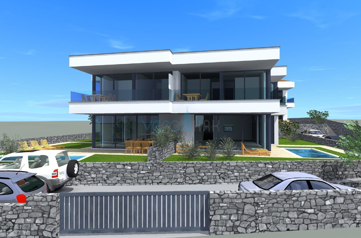 Otok Krk, Malinska, moderna dvojna hiša s bazenom, vrt, razgled, prodaja