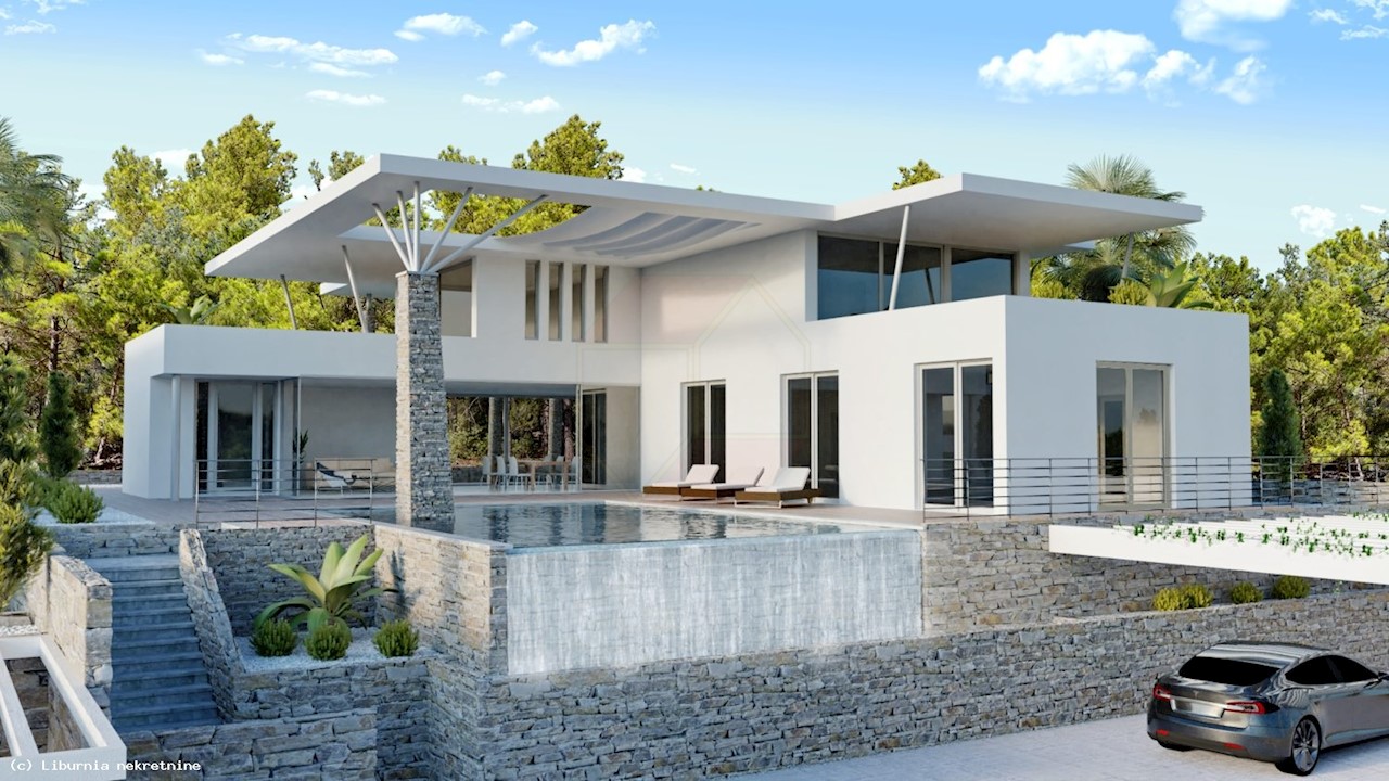 Otok Krk, mesto Krk, širša okolica, moderna vila novogradnja s pogledom na morje.